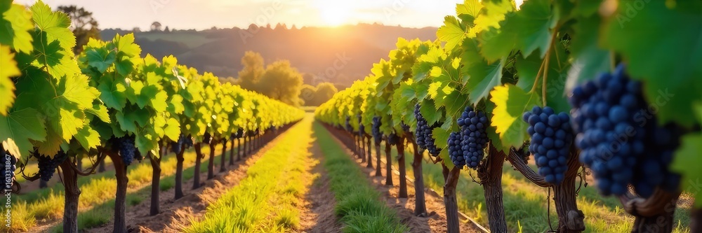 Naklejka premium Rows of lush grapevines stretching across a sun-drenched vineyard, ripe grapes hanging heavy on the vines, ready for harvest The idyllic scene showcases the beauty of wine country , rural, autumn