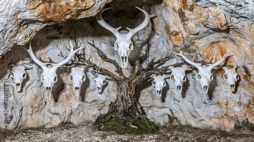 Evolutionary tree with twelve branches ending in anteater skulls against cave art.