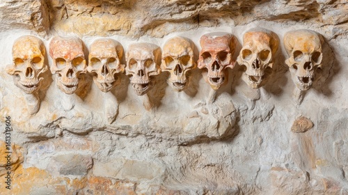 Evolutionary tree with twelve branches ending in anteater skulls against cave art.