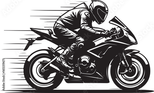 Black and white illustration of a motorcycle racer in full gear speeding forward rider helmet vector