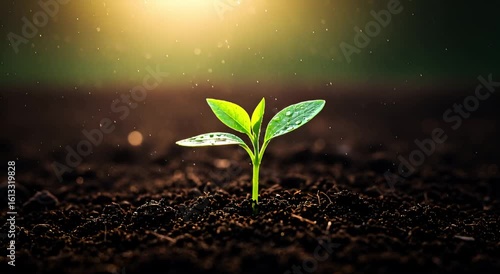 A young plant sprouts from the dark soil, bathed in morning light. Water droplets cling to its leaves