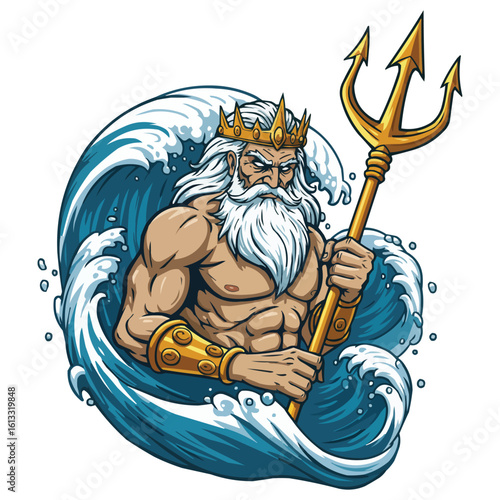 Poseidon with a golden trident emerging from the sea waves, mythical god