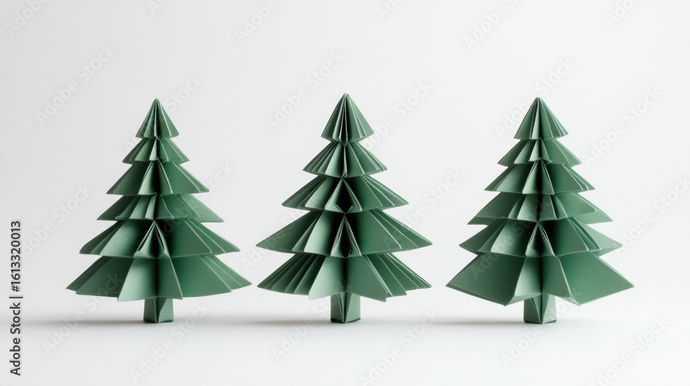 Obraz premium 3 origami-style paper fir trees. Isolated on pure white background. 3d illustration.