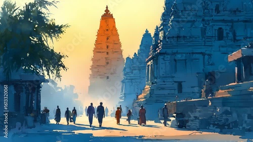 Watercolor Illustration of Hampi Temple Street at Sunrise