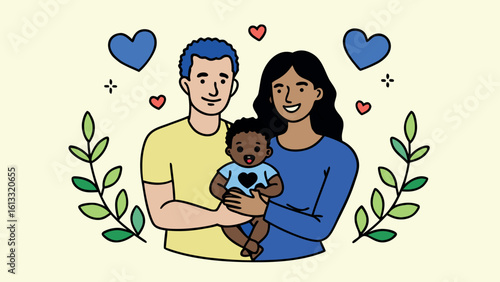 Flat cartoon vector of interracial family with baby and hearts parents love