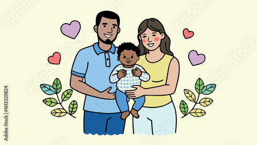 Happy interracial family with baby and hearts love