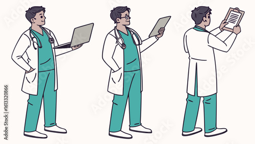 Doctor in white coat and teal scrubs with stethoscope holding laptop and clipboard medical healthcare