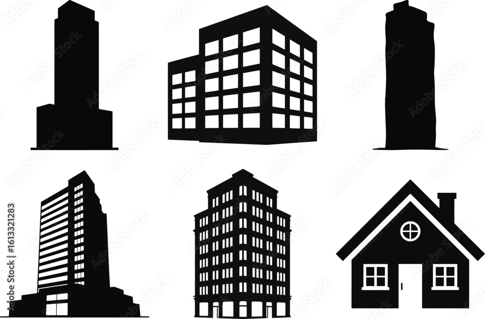 Obraz premium Building silhouette vector collection with house, apartment, and office building designs for city and real estate themes.