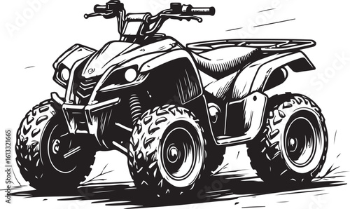 Black and white illustration of a powerful all terrain vehicle quad bike off road vehicle vector