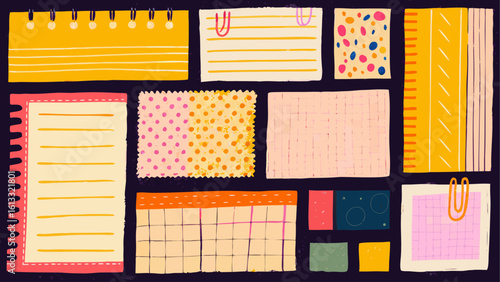 Illustration of various note papers, sticky notes, and calendar pages arranged on a dark background | editable eps vectors silhouette