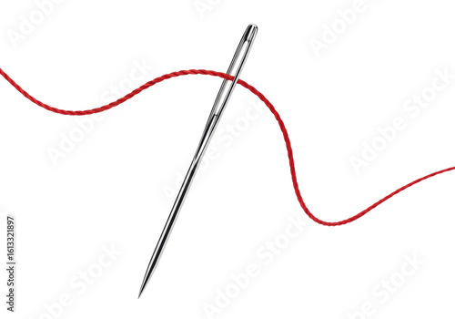 Sleek silver-toned steel sewing needle with a vibrant red thread intricately winding and curling across a pristine transparent studio background, captured with sharp focus and high contrast, concept