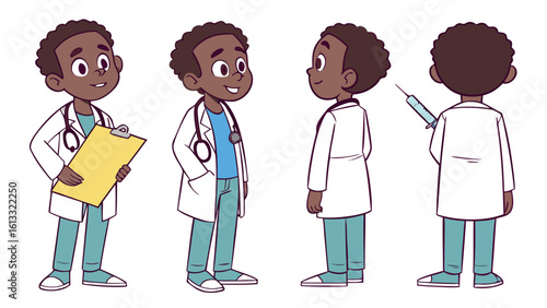 Young Black Doctor Character Builder Set with Clipboard and Syringe cartoon male
