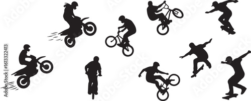Extreme sports athletes performing stunts on motorcycles bicycles and skateboards action