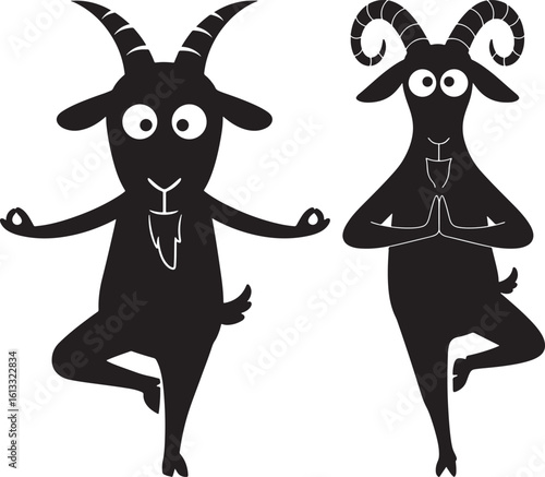 Two funny goats doing yoga tree pose silhouette
