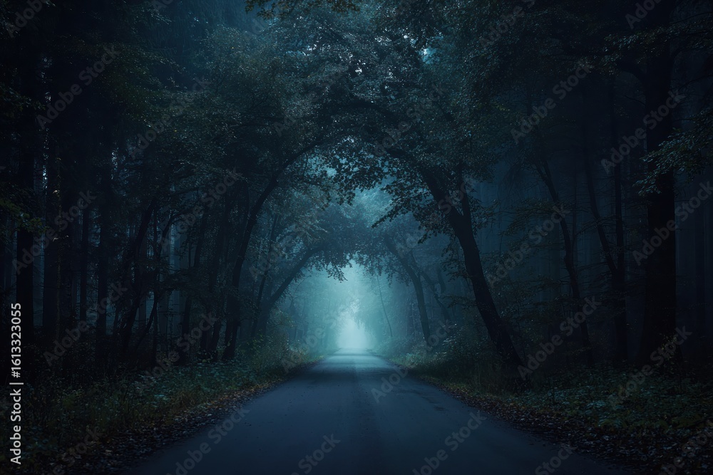 Obraz premium Mysterious Foggy Forest Road at Night