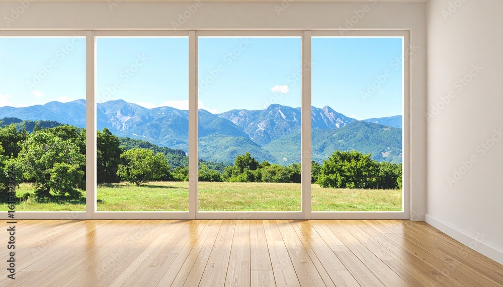 Fototapeta premium Modern and minimalist empty room with a wooden floor and a large window showing a beautiful mountain landscape view.