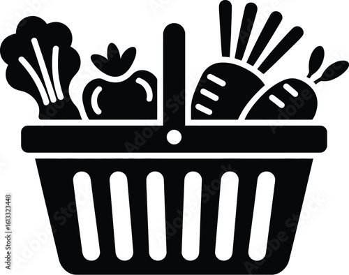 A black and white graphic of a basket filled with vegetables like broccoli carrots and tomatoes