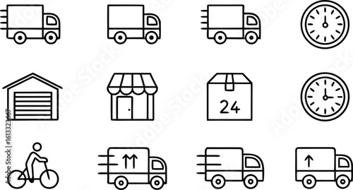 Delivery trucks clocks garage shop package cyclist vector