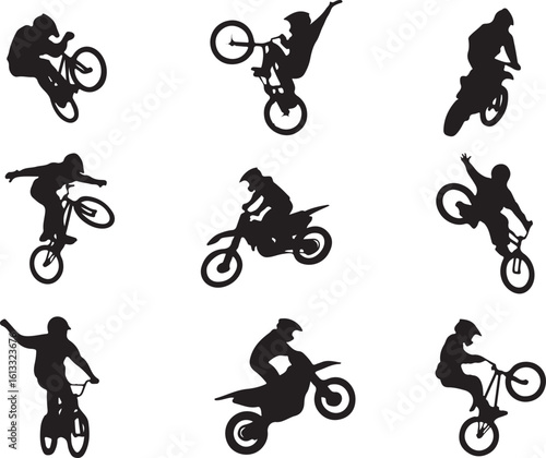 Black silhouettes of cyclists performing stunts on bicycles and motorcycles vector