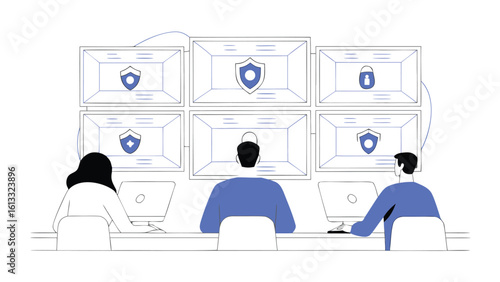 People monitoring security feeds with shields and padlock symbols on multiple screens in a control room