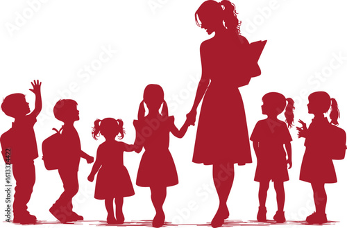 Teacher with Group of Children Silhouette Illustration

