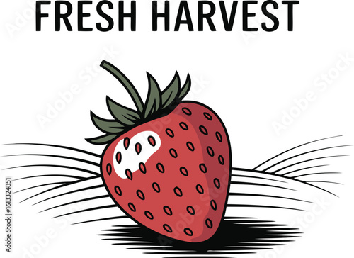Illustration of a single strawberry with leaves and seeds on a light gray background design element
