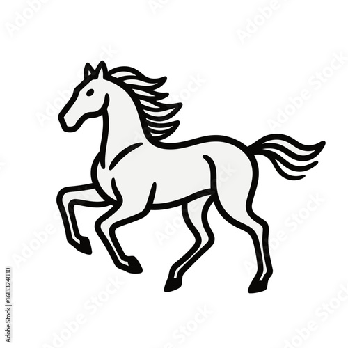Stylized trotting horse icon in a simple, elegant line art style. A majestic equine graphic element isolated on a white background.
