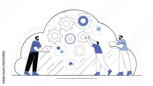 Illustration of three people interacting with gears and squares inside a cloud shape design