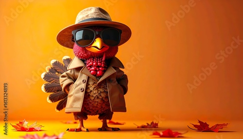 Cartoon Turkey in Detective Outfit on Warm Fall Background – Thanksgiving Vector