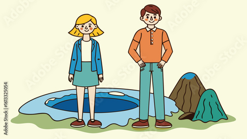 Cartoon boy and girl standing near crater and mountains vector