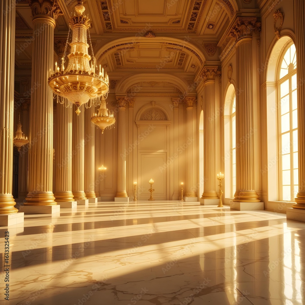 Fototapeta premium Grand Palace Hall with Ornate Chandeliers and Golden Columns, Luxurious Interior Space Bathed in Sunlight