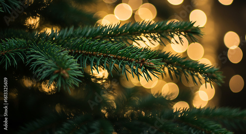 Festive Evergreen Branch with Golden Bokeh Lights