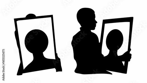 Silhouette of person holding up framed portraits with silhouettes of people on a white background image | editable eps vectors