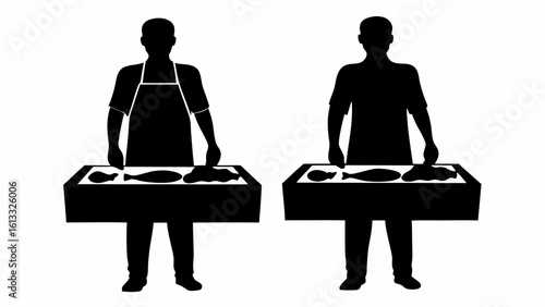 Two people standing behind tables with fish displayed in black and white silhouette illustration | editable eps vectors