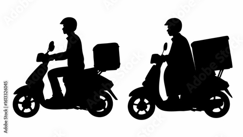 Silhouetted scooters with delivery boxes and riders wearing helmets against a white background scene | editable eps vectors