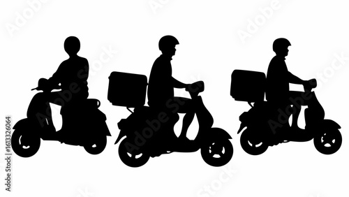 Three silhouette delivery riders on scooters with delivery boxes in a row on a white background | editable eps vectors