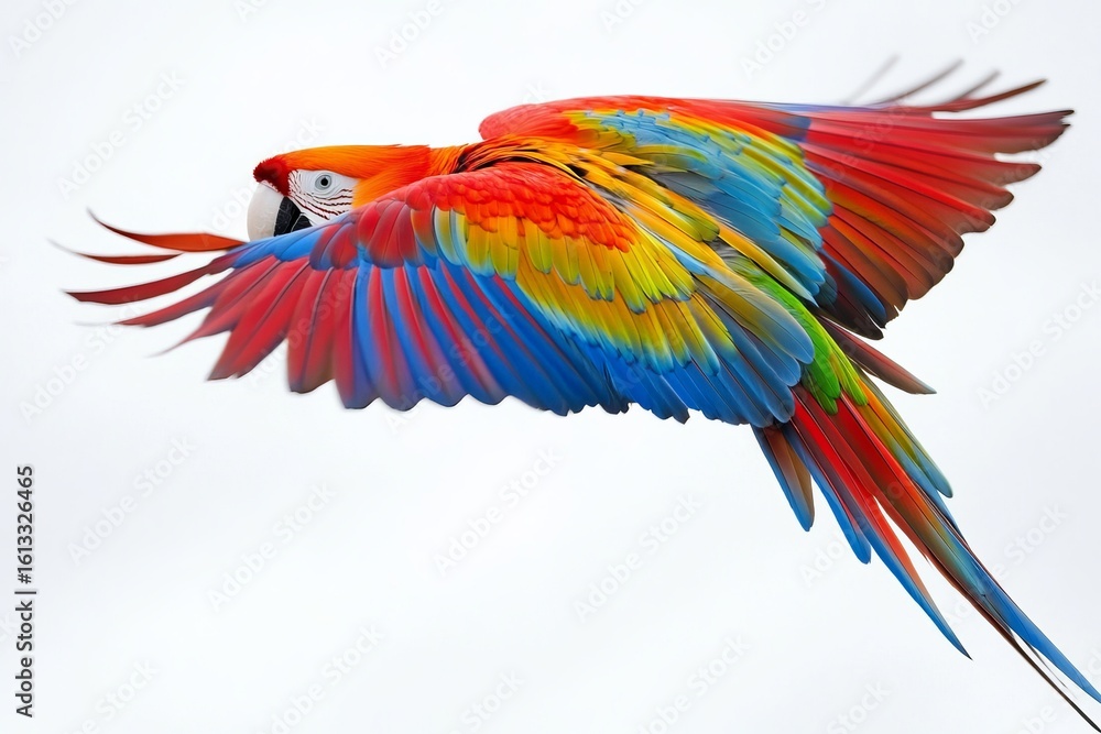Fototapeta premium Colorful macaw parrot in mid-flight with vibrant feathers spread wide on clean white background