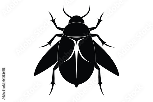 Black silhouette of a beetle with detailed wings and legs