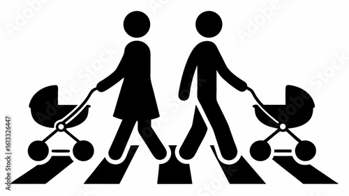 Two parents pushing baby strollers walking across a zebra crossing in black and white illustration | editable eps vectors silhouette