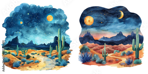 desert lanscape at night watercolor vector illustration