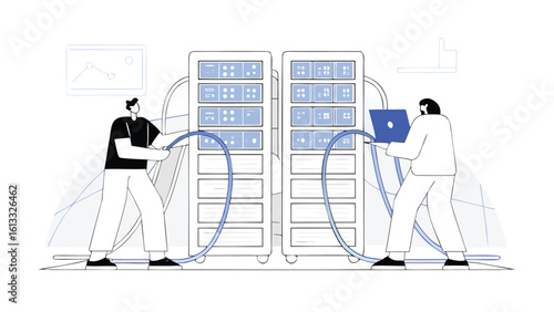 Two engineers connecting servers with cables and a laptop in a data center environment setup