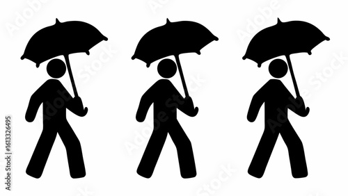 Three identical black silhouette figures walking with umbrellas in a row on a white background image | editable eps vectors
