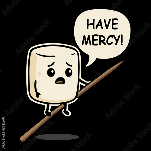 Lustige Vektorillustration. Marshmallow mit ängstlichem Blick auf Spieß, Sprechblase „Have Mercy“. Humorvoll und süß - ideal für Camping, Lagerfeuer und sarkastisches Cartoon-Design.