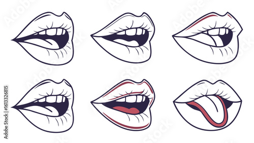 Six stylized lips in various open and closed positions with dark purple and maroon accents mouth open mouth