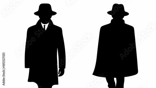 Two silhouettes of men wearing hats and coats standing against a white background in a simple style | editable eps vectors