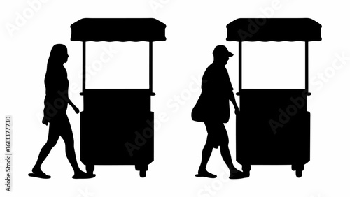 Silhouettes of two people walking near two food carts in a black and white illustration style image | editable eps vectors