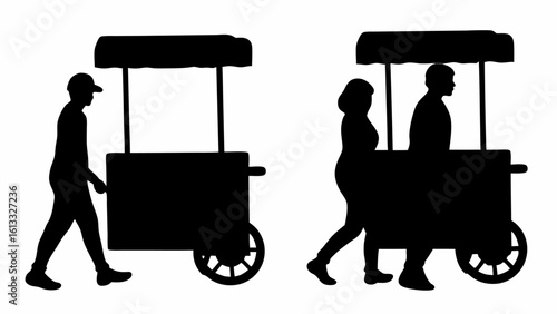 Silhouette of two food carts with people pushing or standing near them on a white background image scene | editable eps vectors