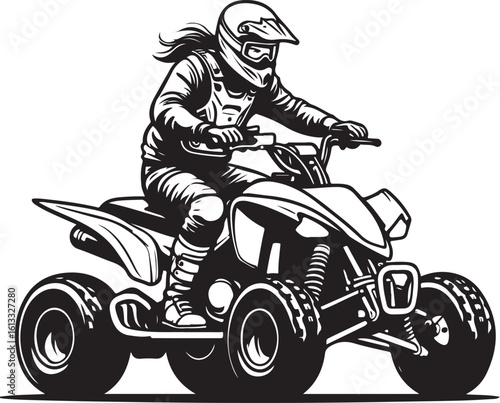 Rider on black and white quad bike helmet goggles off road