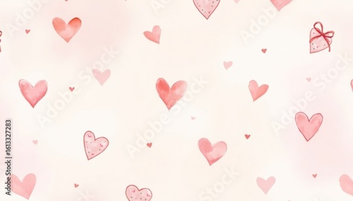 Valentine's Day background. Pink watercolor hearts on white background, pattern. AI generative.