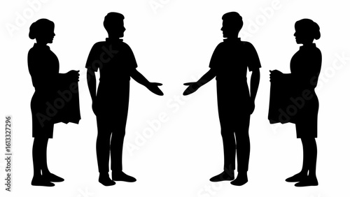 Silhouettes of two men and two women facing each other with their hands extended in a welcoming gesture | editable eps vectors